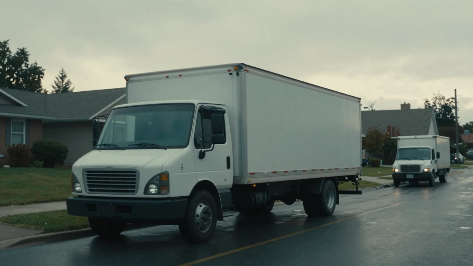 A moving truck parked on a wet suburban street, a second truck small and out of focus further down the road