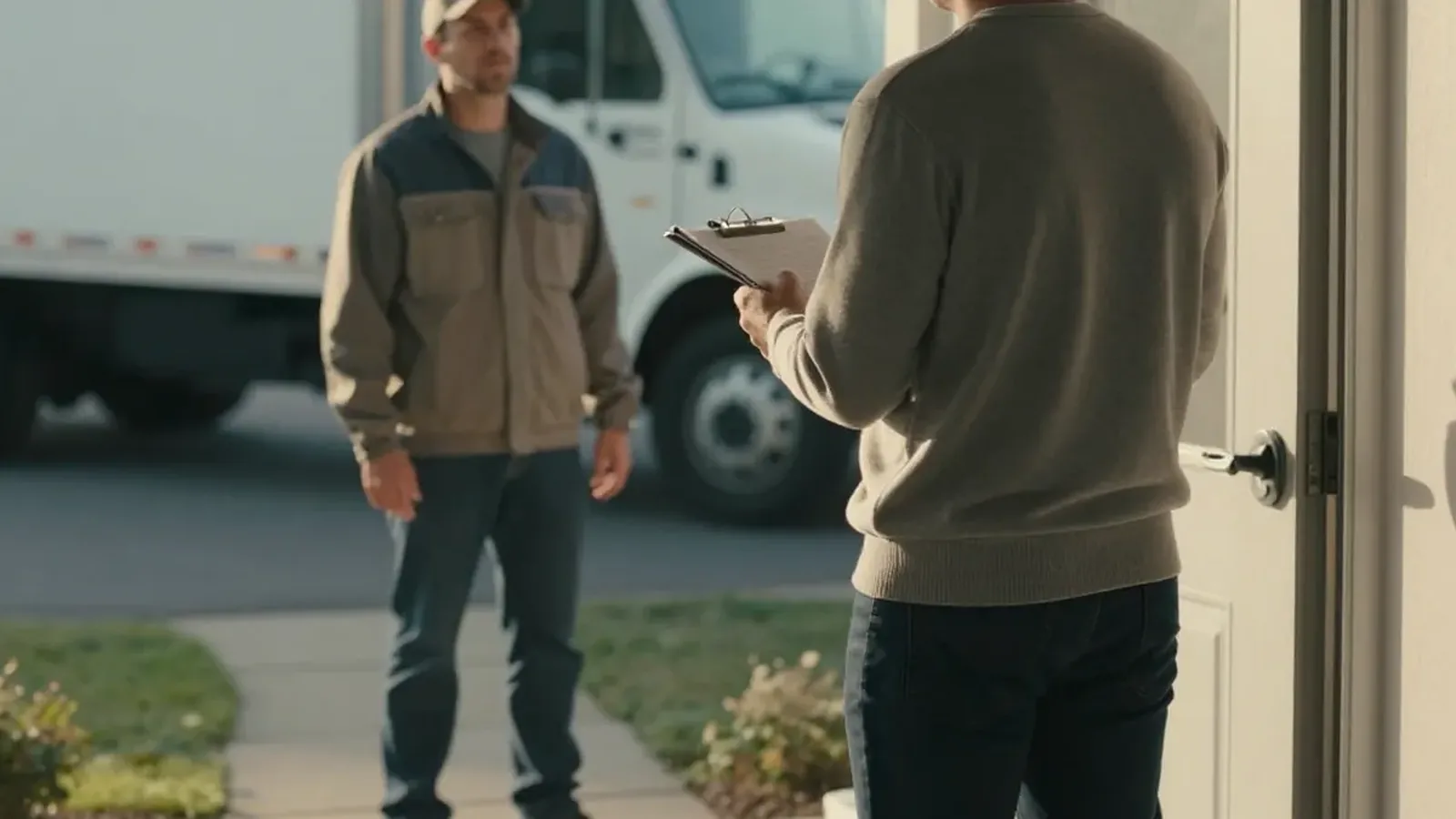 A homeowner holding a clipboard at the front door, talking with a mover on the path, a box truck parked behind him