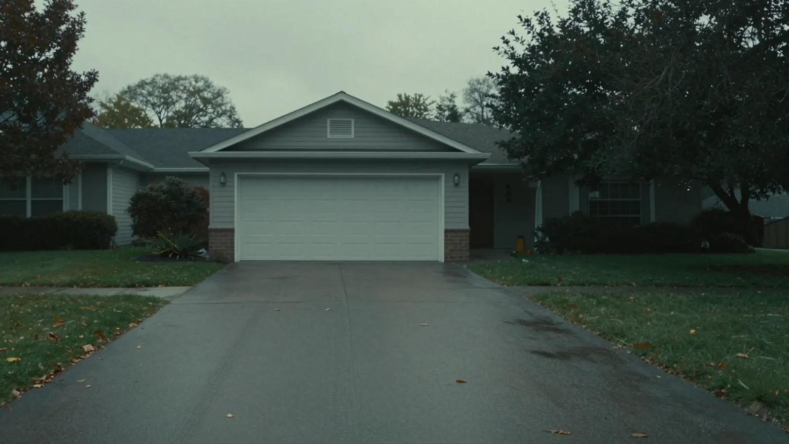 An empty suburban driveway on an overcast morning with faint tyre tracks leading away