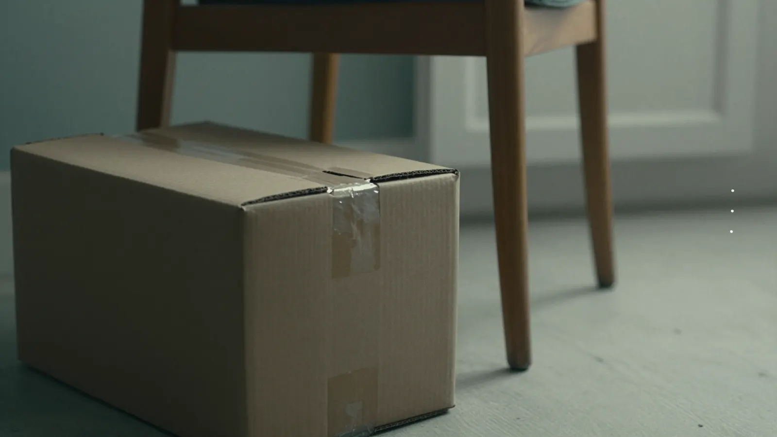 A cardboard box with a crushed corner beside a wooden chair with a split leg