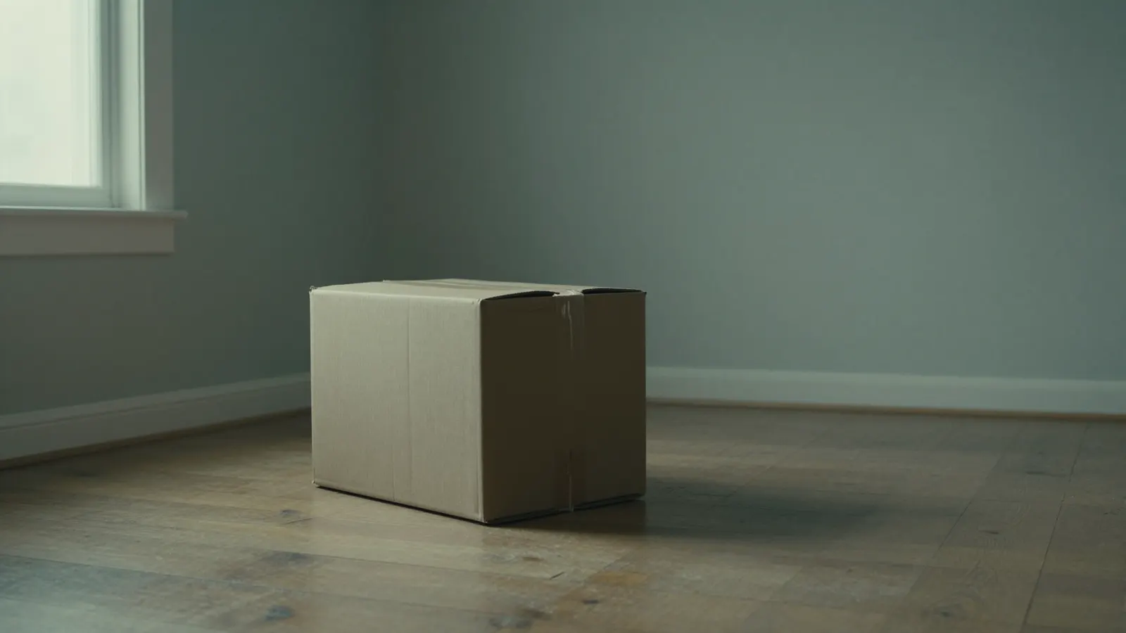 A single worn cardboard box alone on the bare floor of an empty room, lit by a window