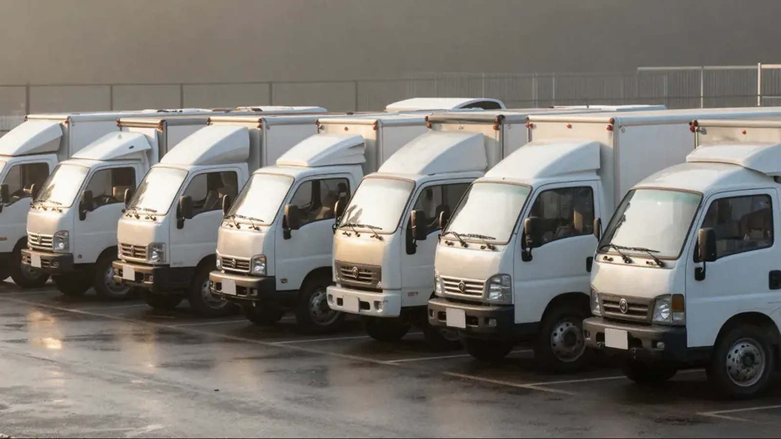 A row of white box trucks parked at a depot on a wet morning