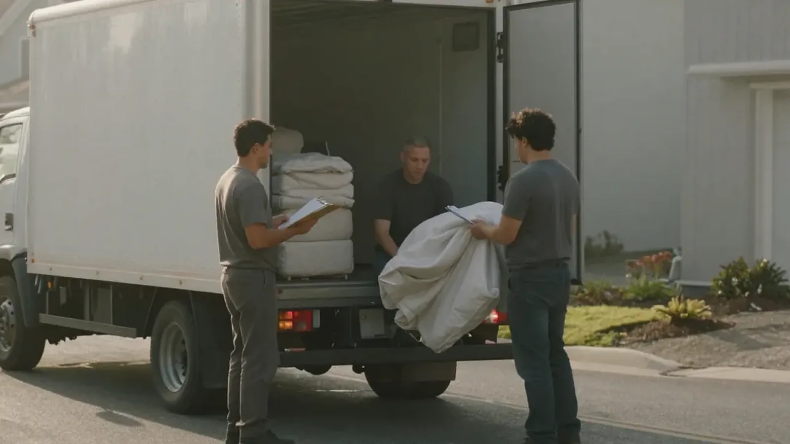 Three movers at the open back of a box truck, one holding a clipboard, another carrying a wrapped furniture pad