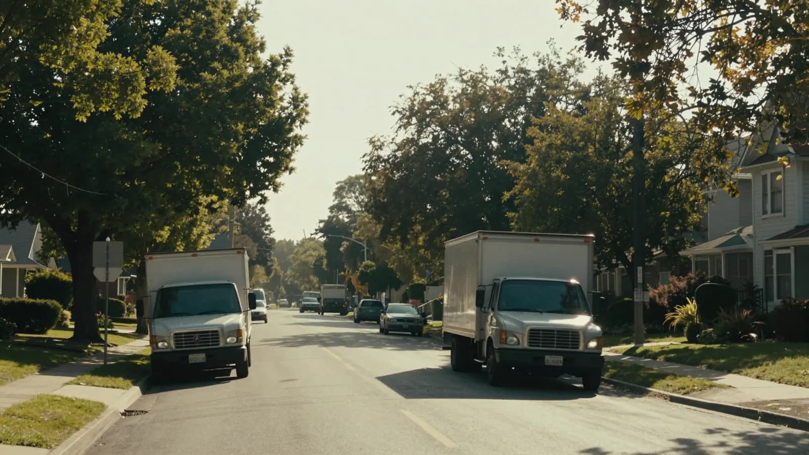 A tree-lined residential street in summer with moving trucks at either end of the block